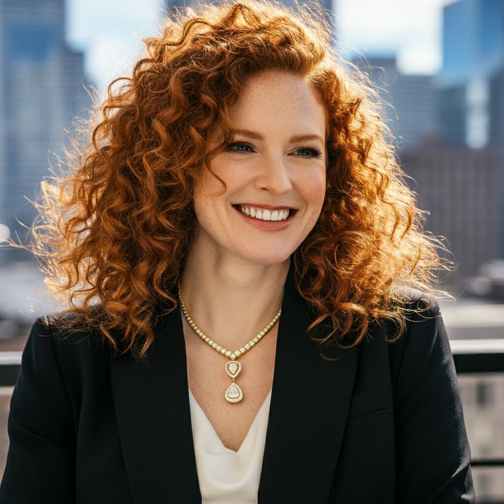 A stylishly dressed woman layering various necklace styles to elevate her outfit.