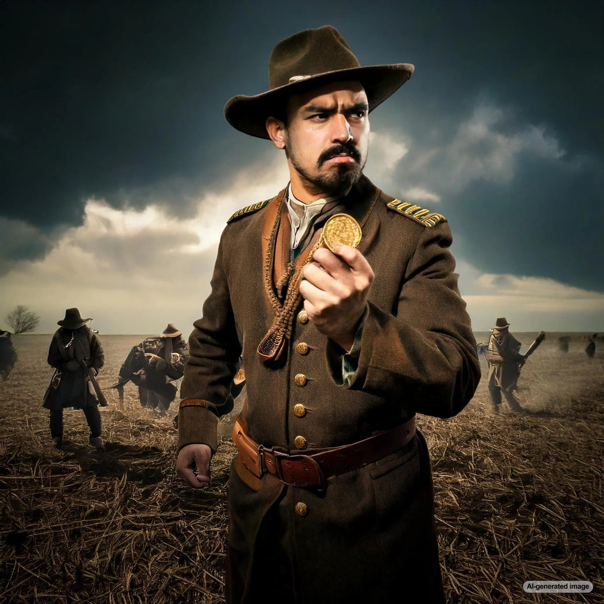 Captain George Dixon standing tall on a Civil War battlefield under a stormy sky