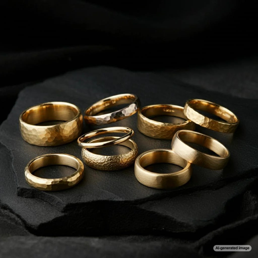 Guide to Jewelry Metal Finishes with examples of polished, matte, and textured jewelry surfaces