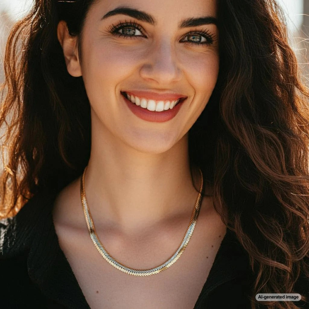 Elegant herringbone chain necklace displayed on a jewelry stand