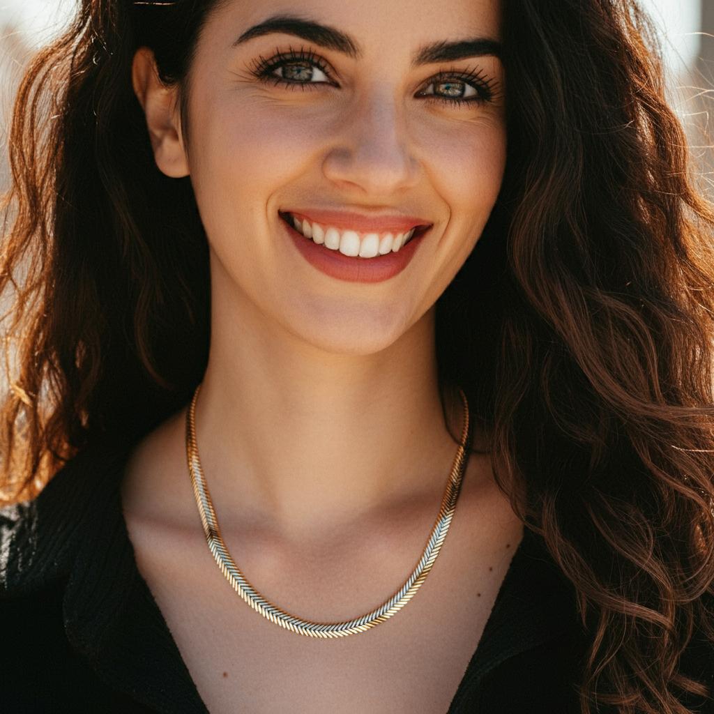 Elegant herringbone chain necklace displayed on a jewelry stand