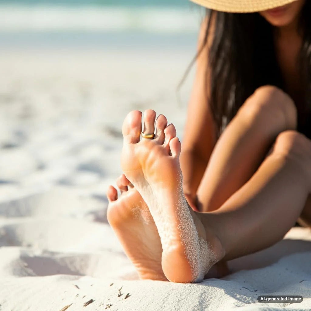 Close-up of a woman's foot adorned with a delicate toe ring and manicured nails