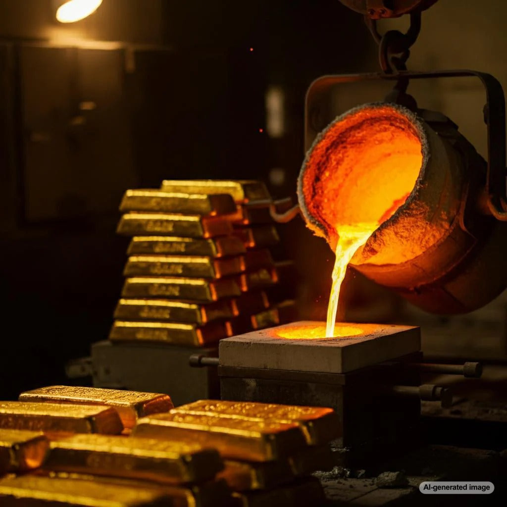 Molten 24K gold melting at 1,948 degrees Fahrenheit in a jeweler's forge