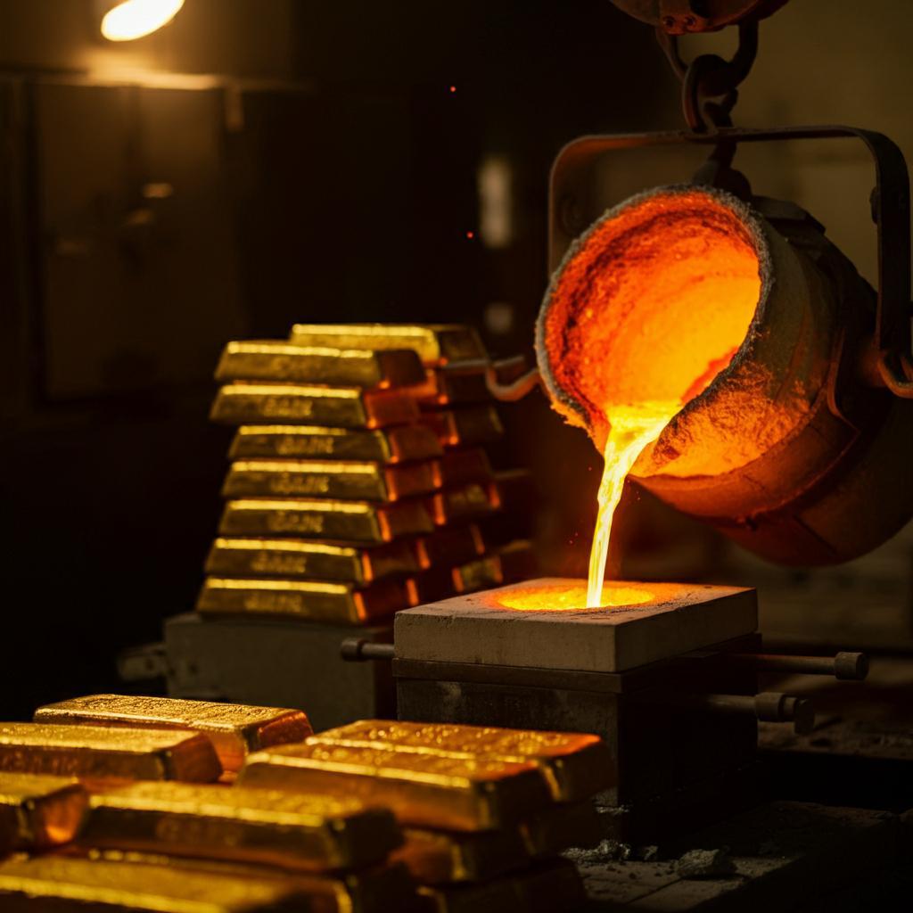 Molten 24K gold melting at 1,948 degrees Fahrenheit in a jeweler's forge