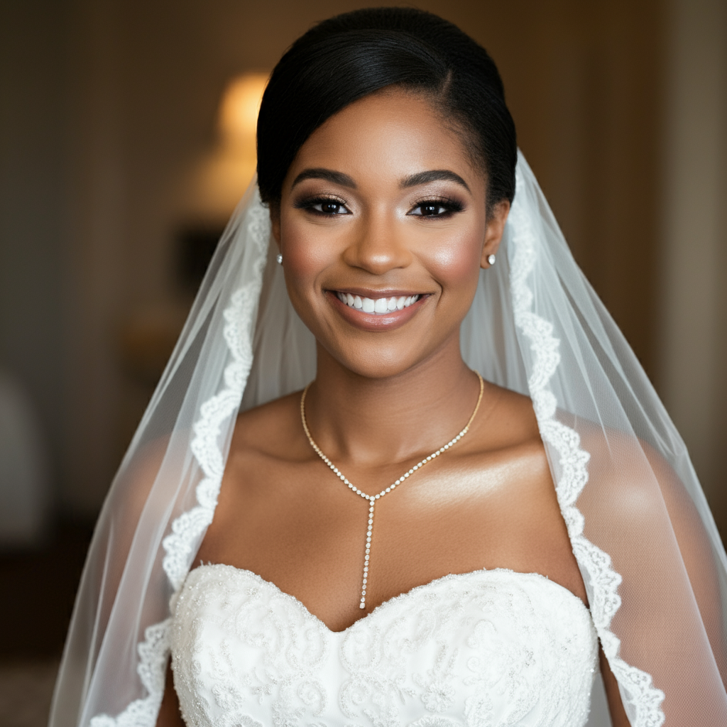 Bride wearing gold jewelry with a wedding dress