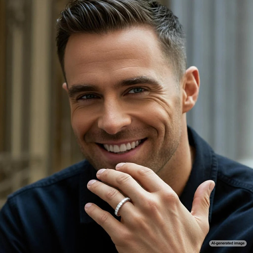Man wearing an elegant eternity ring on his finger