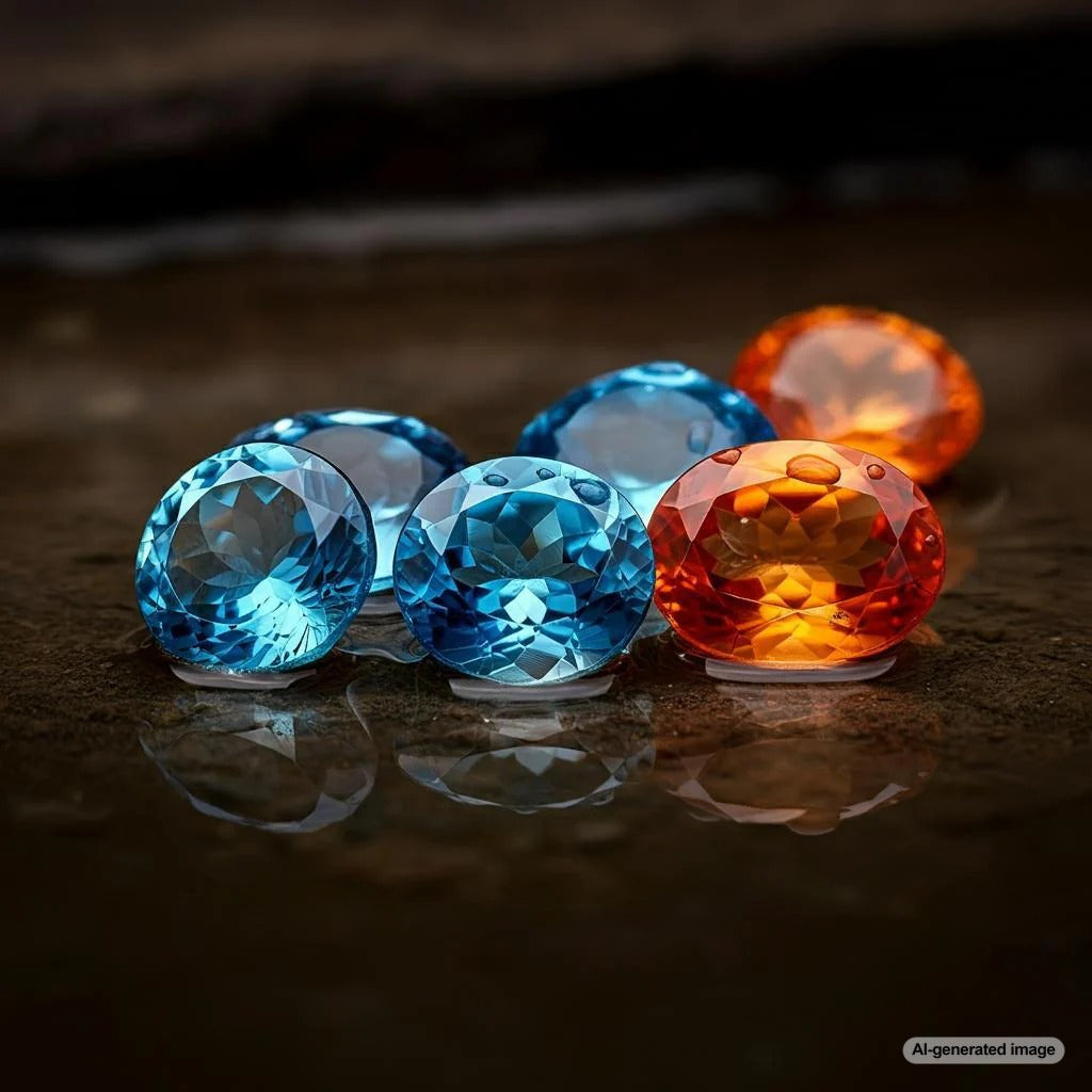 Topaz gemstone jewelry exposed to water droplets