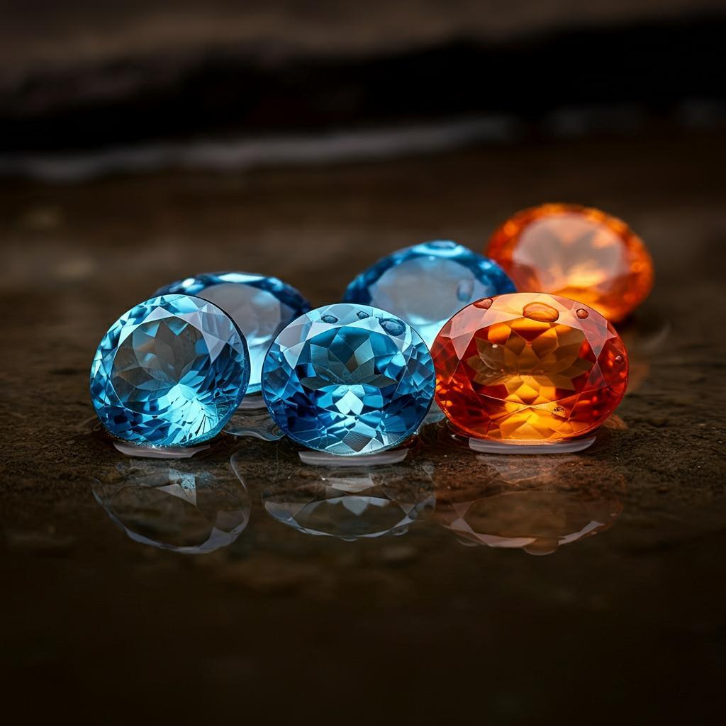 Topaz gemstone jewelry exposed to water droplets