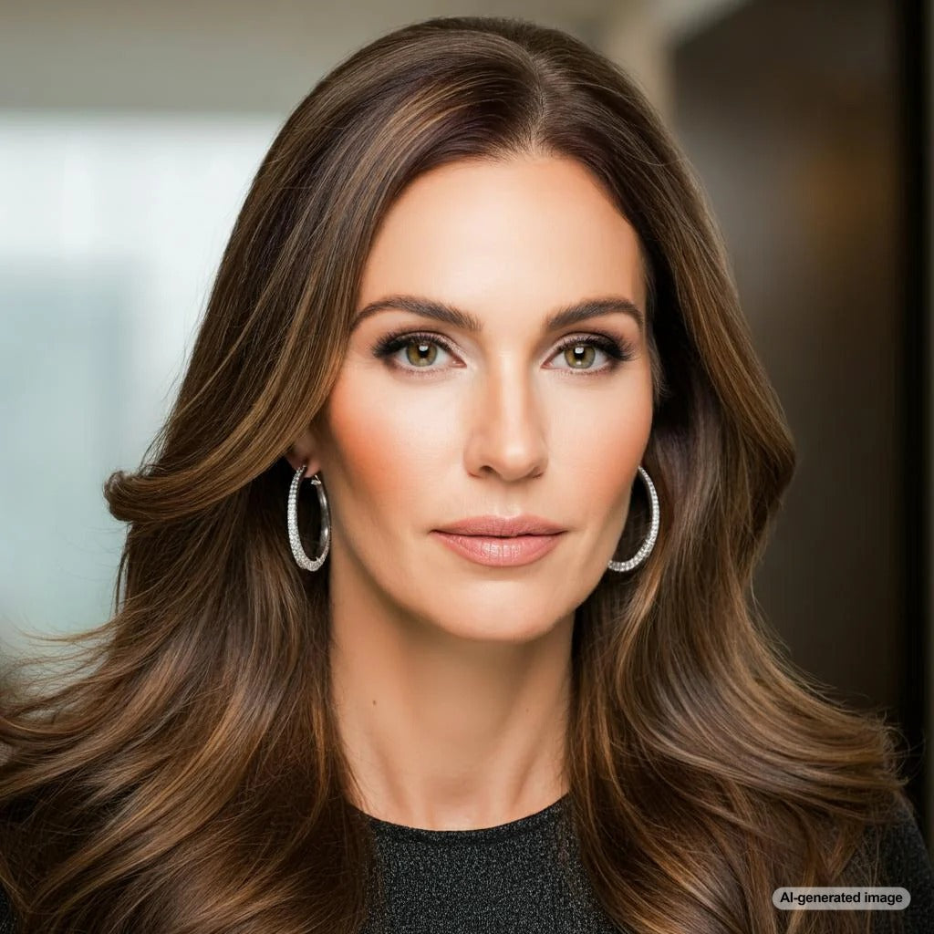 Woman wearing diamond hoop earrings
