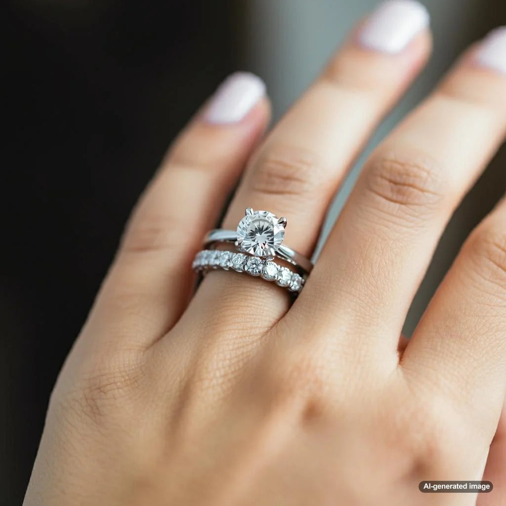 A close-up of a woman's hand wearing both an engagement ring and a wedding band.