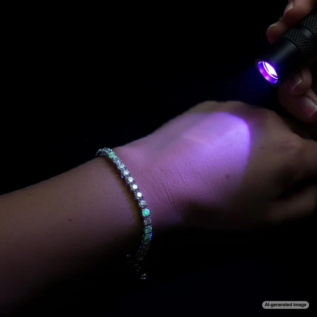 Close-up of a lab diamond displaying slight fluorescence under UV light