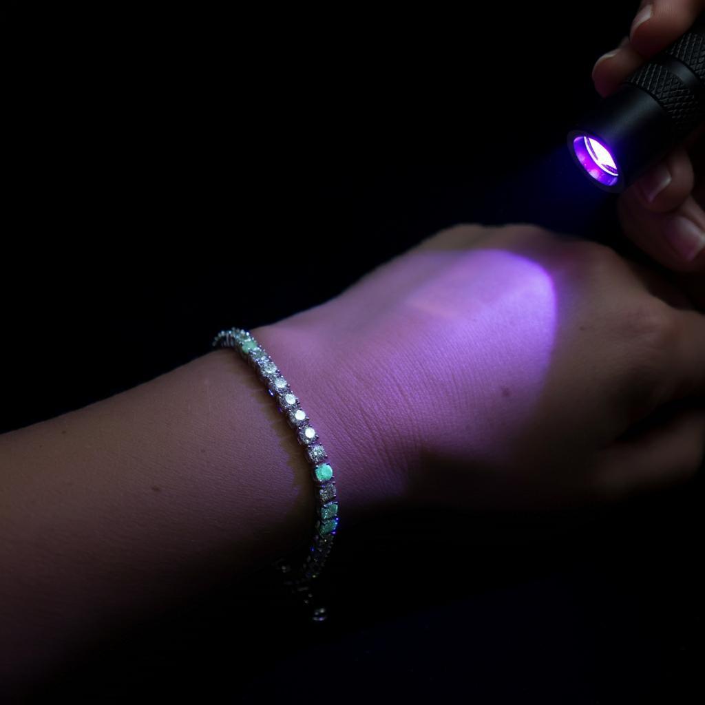 Close-up of a lab diamond displaying slight fluorescence under UV light