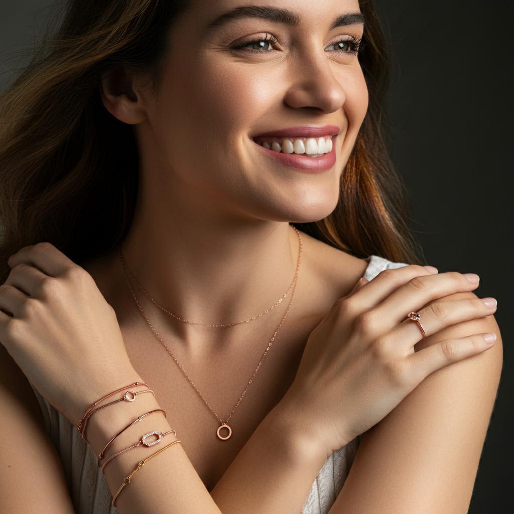 Elegant rose gold jewelry pieces displayed on various skin tones