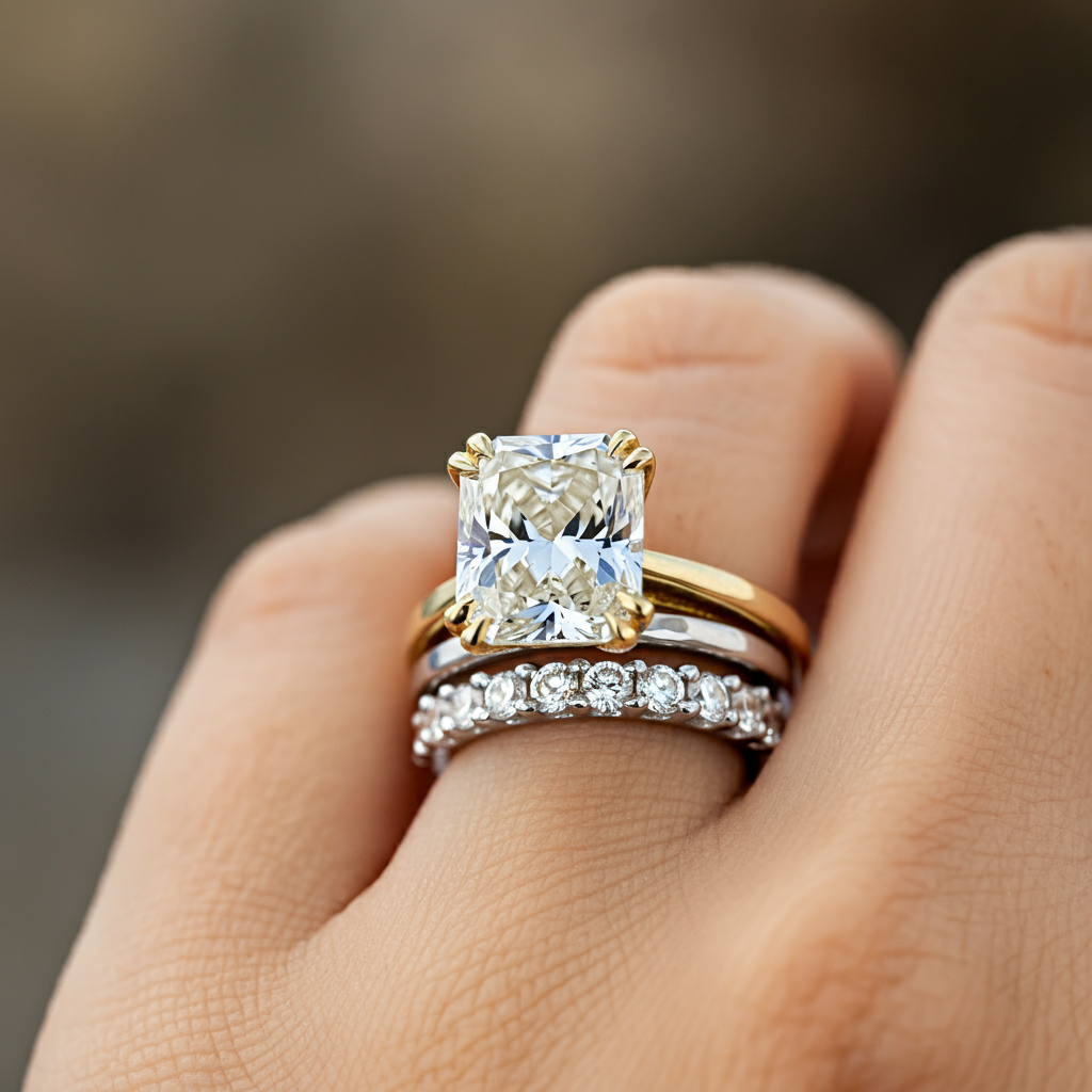 Matching and contrasting wedding band and engagement ring combinations