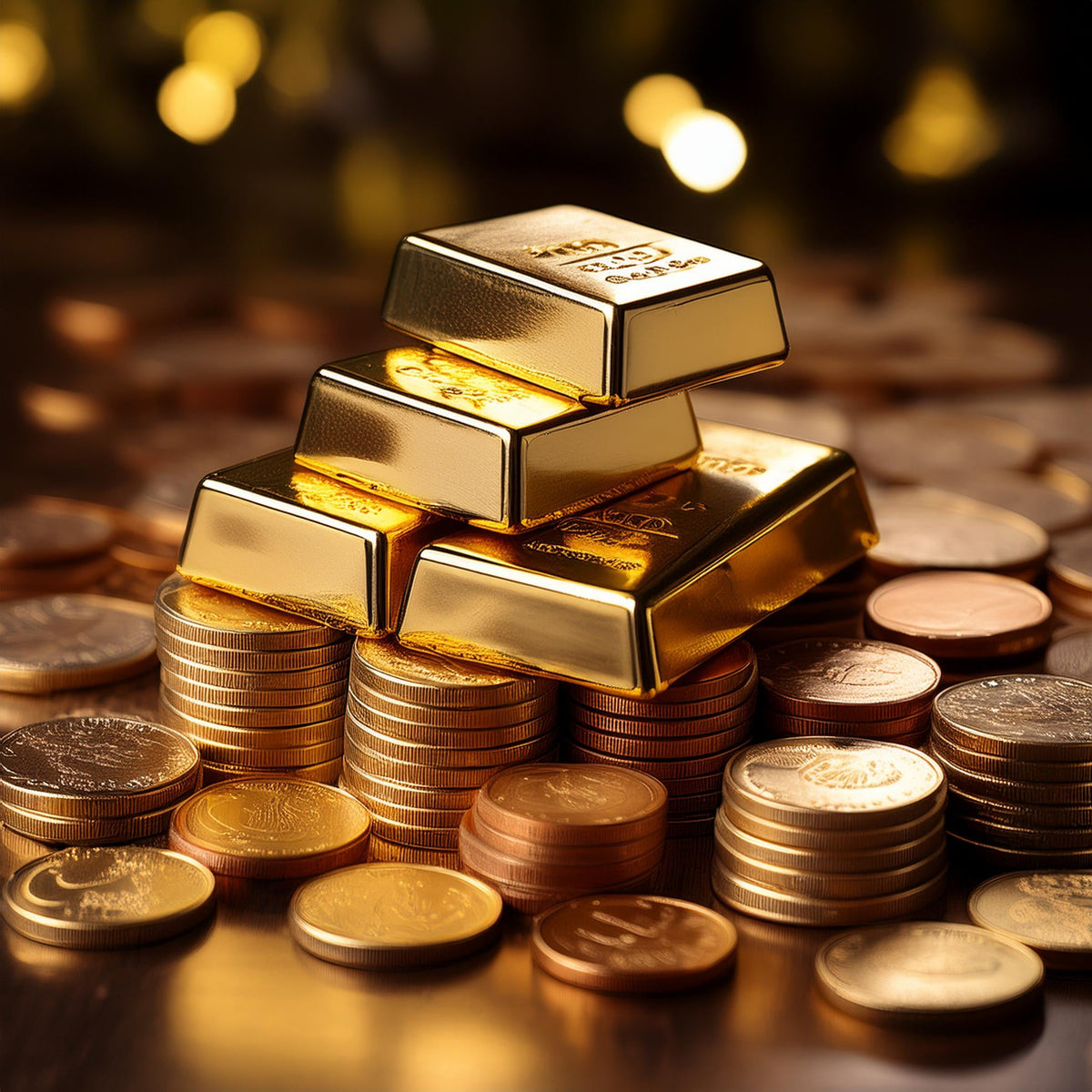 Gold bars on top of a pile of coins at Robinson's Jewelers