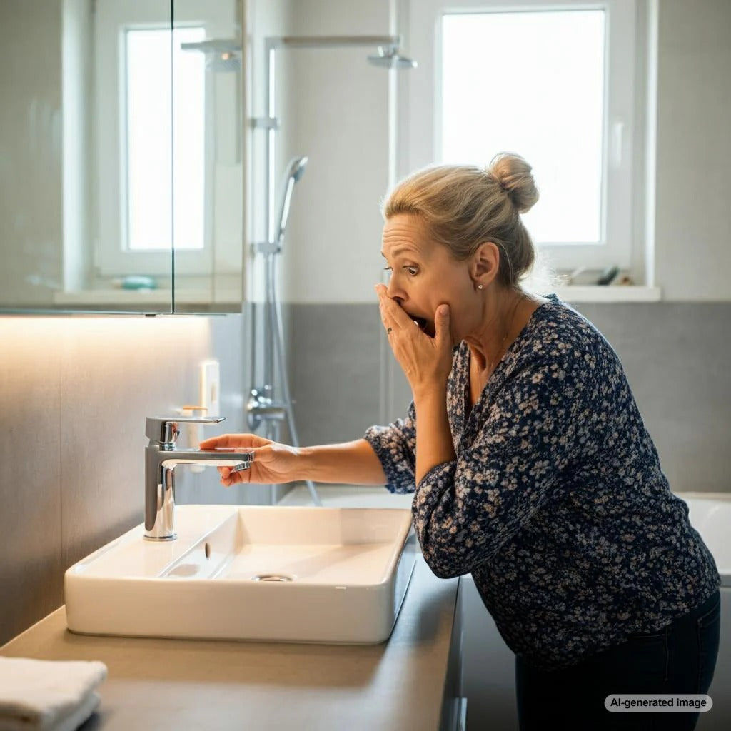 A woman's hand reaching into a sink drain to retrieve a fallen ring
