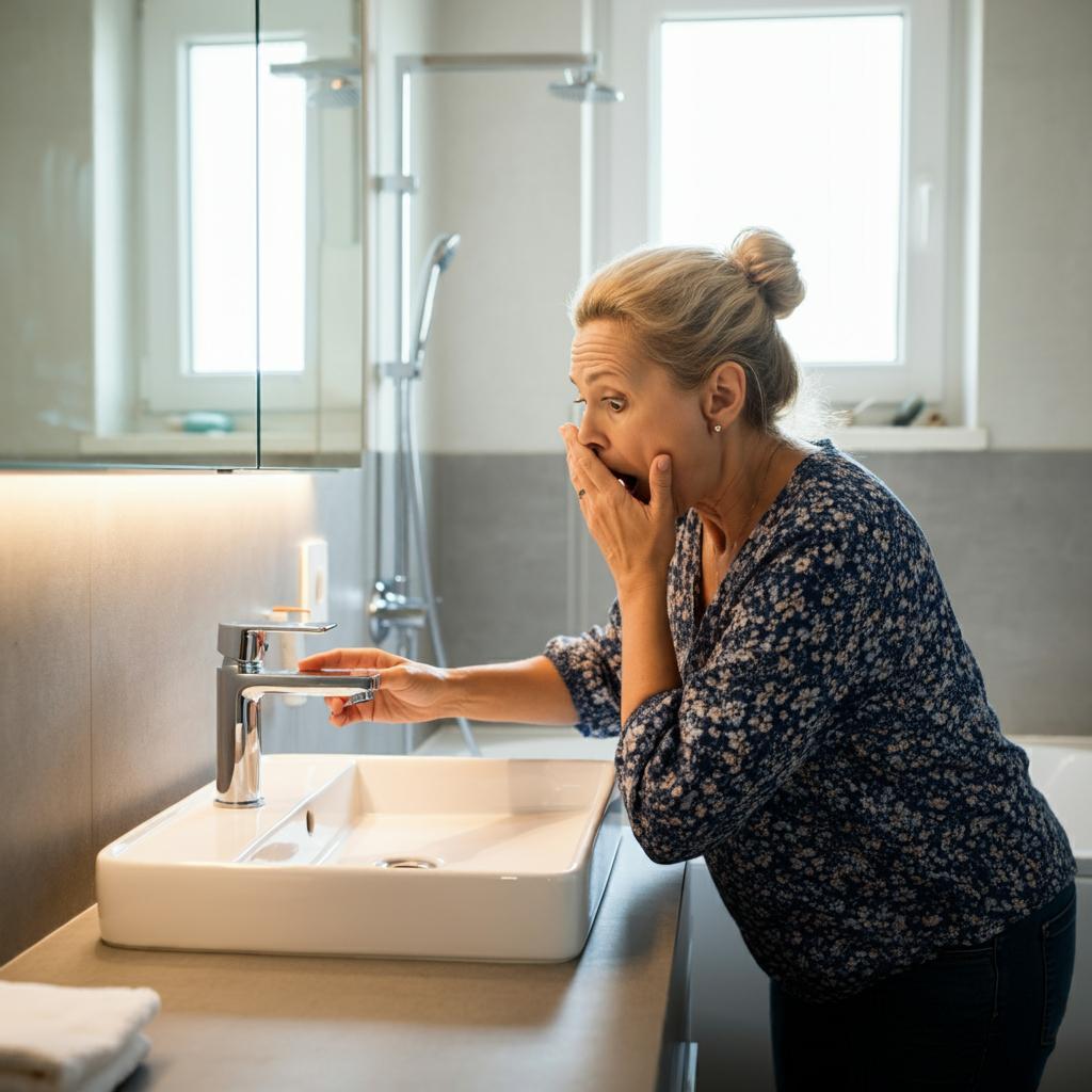A woman's hand reaching into a sink drain to retrieve a fallen ring