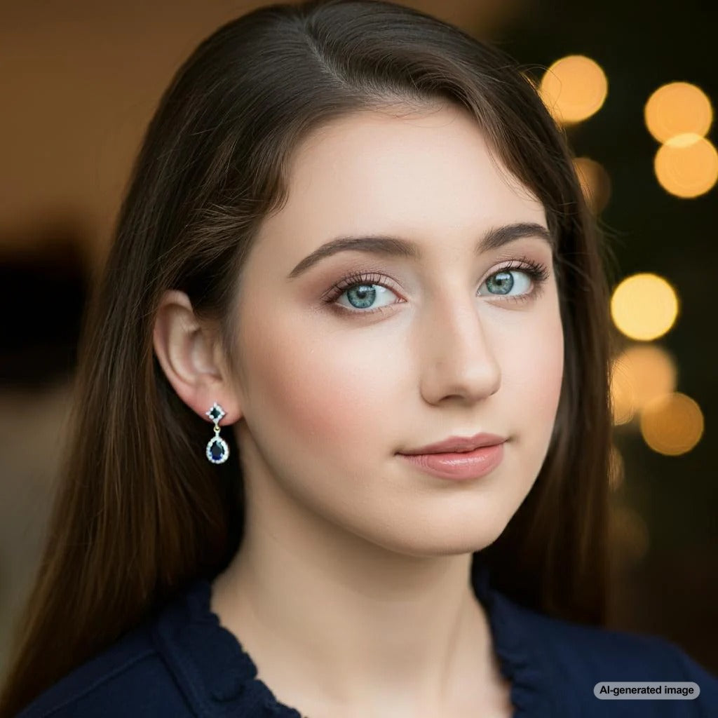 Woman trying on earrings in front of a mirror