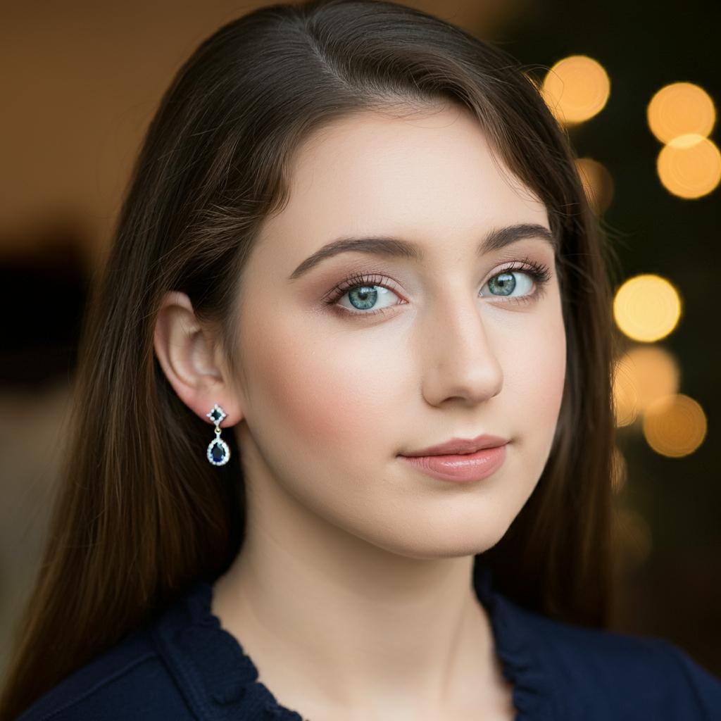 Woman trying on earrings in front of a mirror