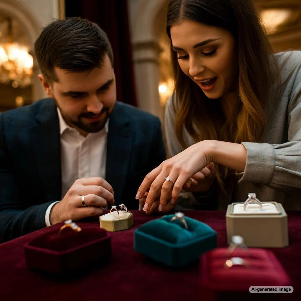 A selection of elegant engagement rings displayed on a velvet cushion.