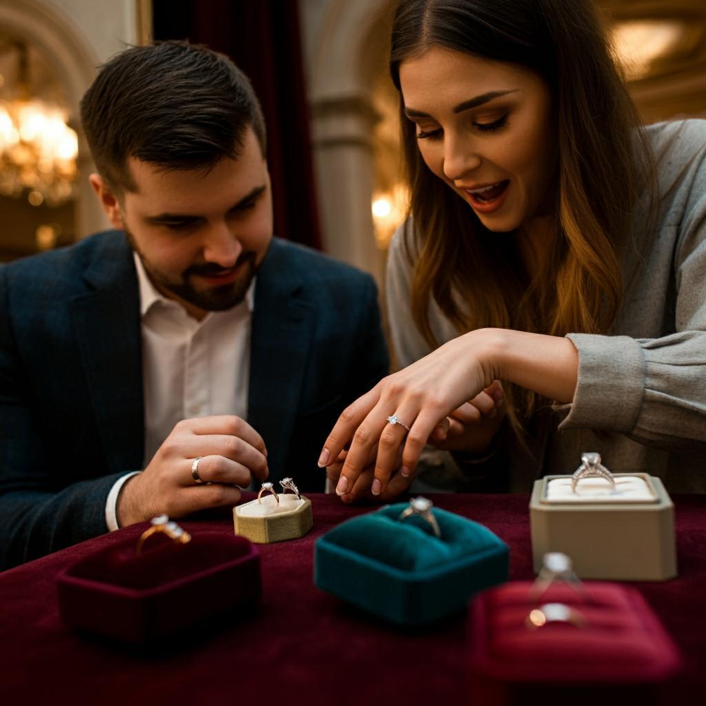 A selection of elegant engagement rings displayed on a velvet cushion.