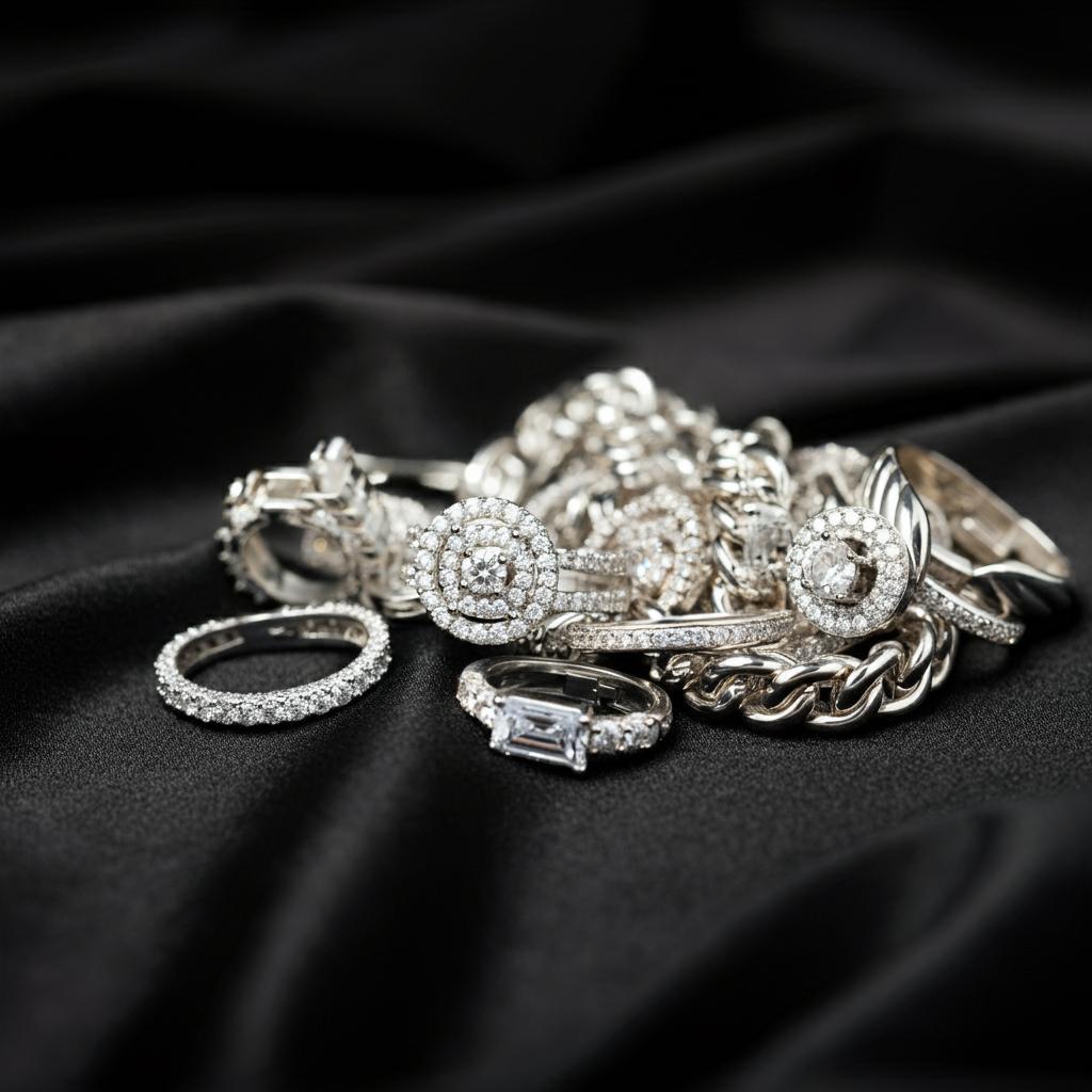 Close-up image of white gold jewelry showcasing its polished finish