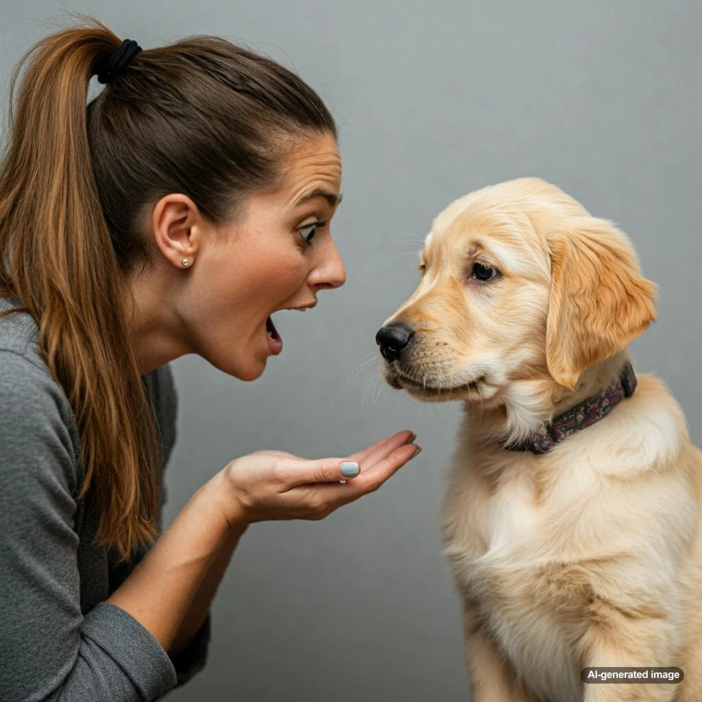 A concerned dog owner holding a ring, symbolizing the importance of pet safety and jewelry care.