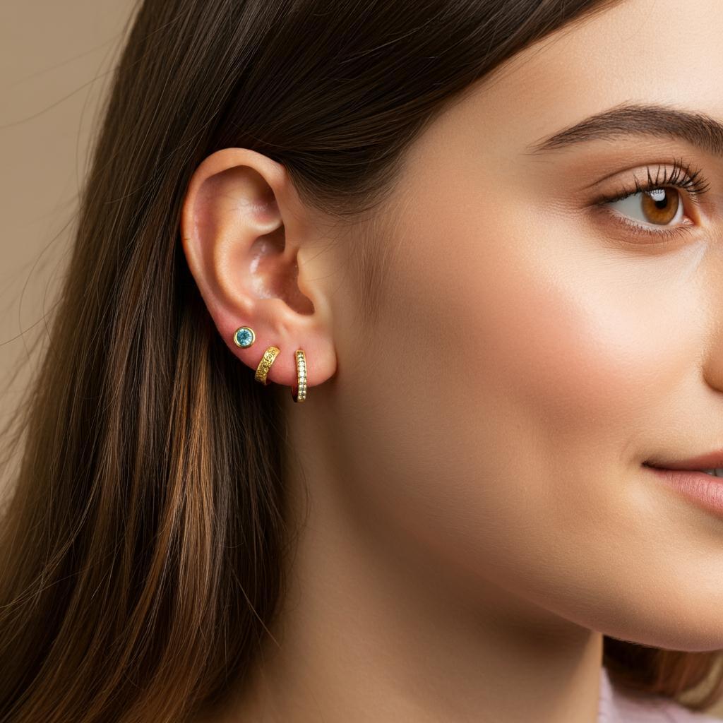 Woman showcasing multiple ear piercings with various earring styles