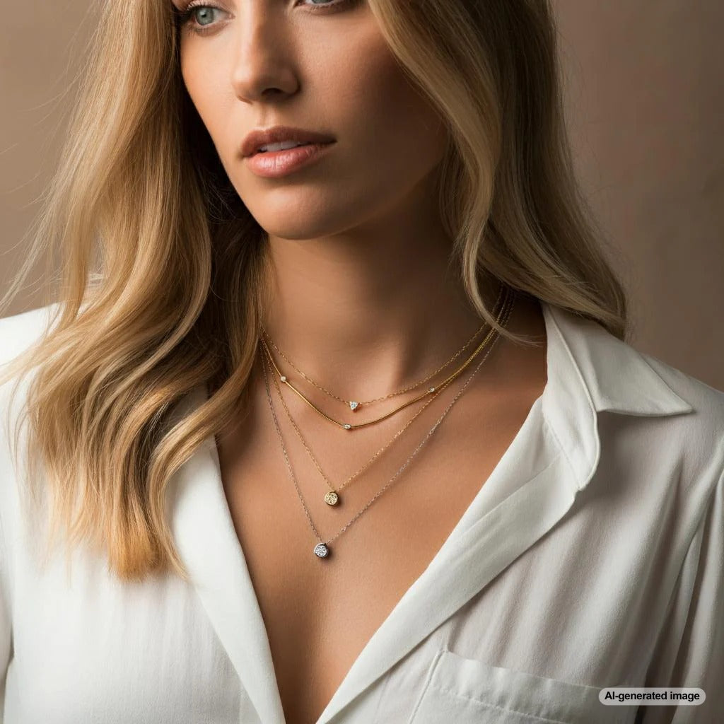 A stylishly layered stack of necklaces in various lengths