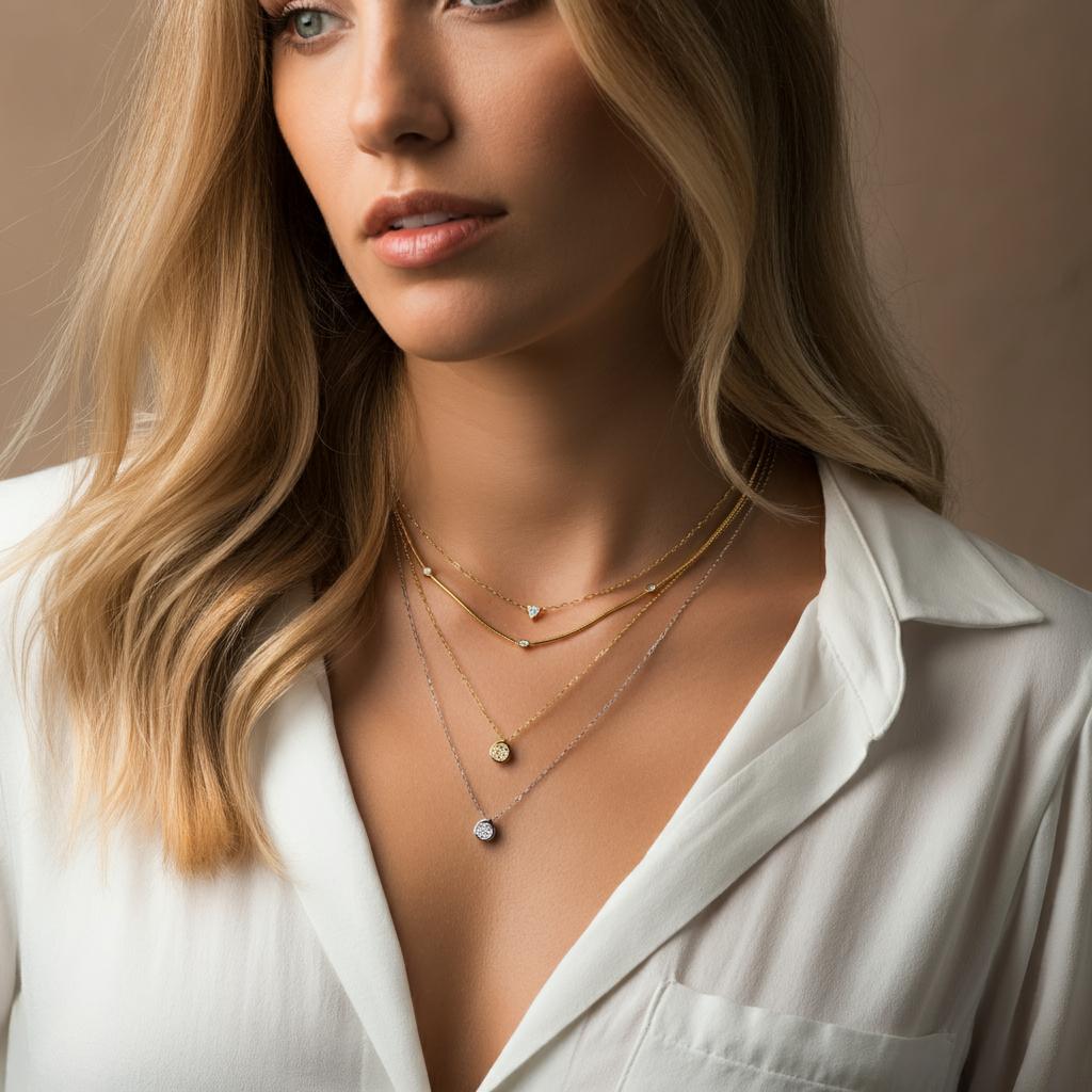 A stylishly layered stack of necklaces in various lengths