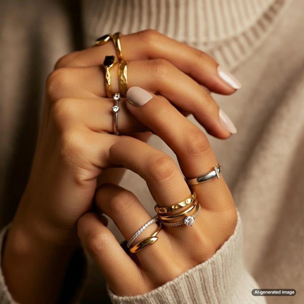 A woman's hand adorned with multiple rings in various styles and metals