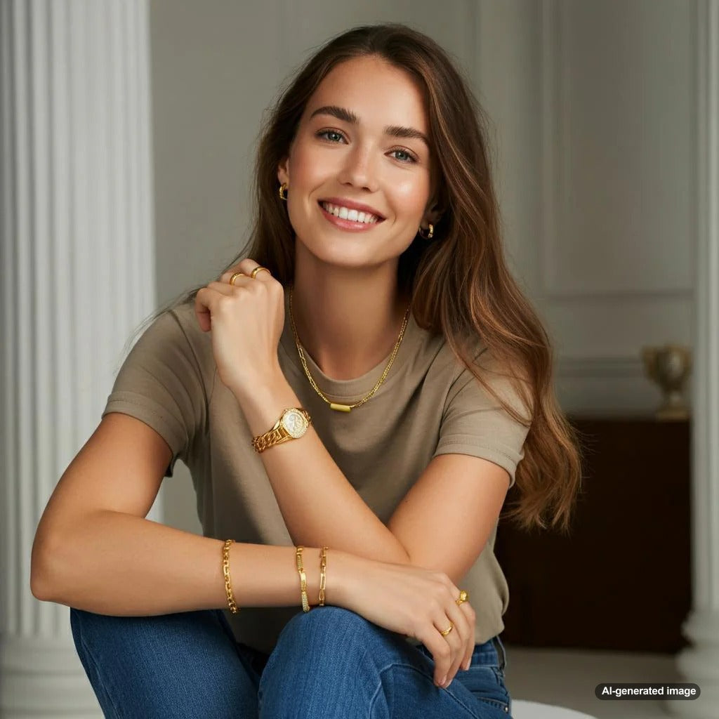 A woman exploring different jewelry styles at Robinson's Jewelers
