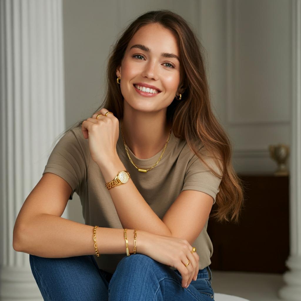 A woman exploring different jewelry styles at Robinson's Jewelers