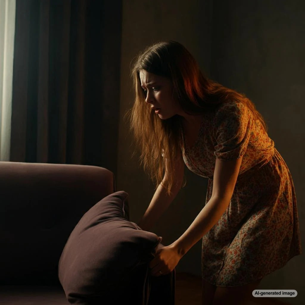 A woman searching for a lost ring in her home
