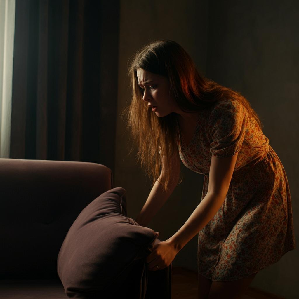 A woman searching for a lost ring in her home