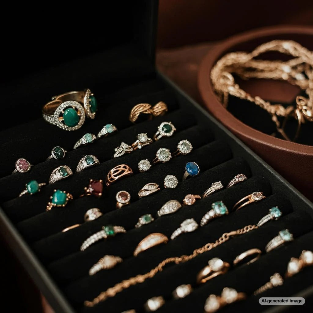 An organized layout of various pieces of fine jewelry arranged for inventory documentation.