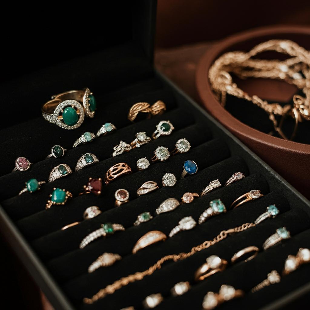 An organized layout of various pieces of fine jewelry arranged for inventory documentation.