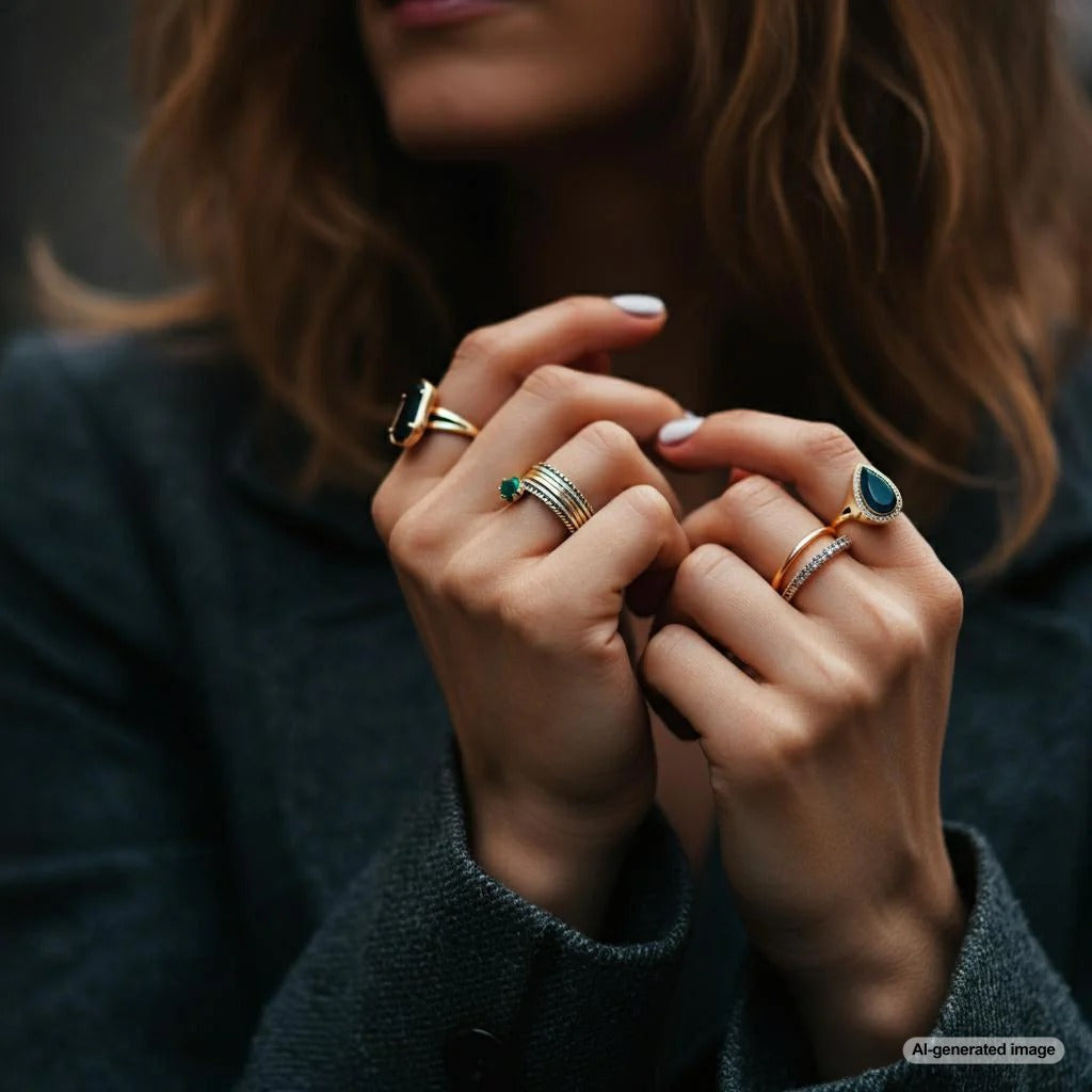 A variety of rings featuring different metals and gemstones to demonstrate how to mix and match rings