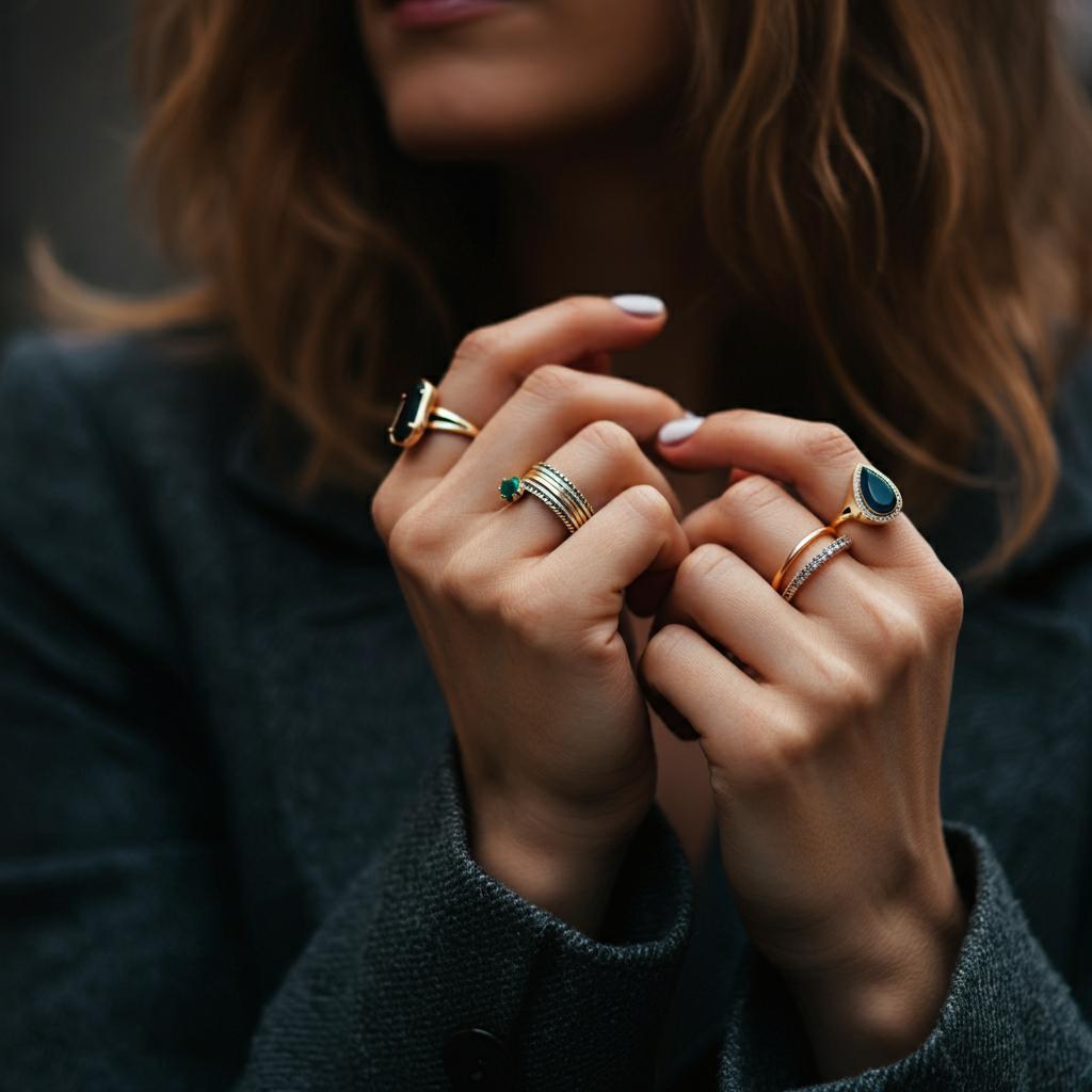 A variety of rings featuring different metals and gemstones to demonstrate how to mix and match rings