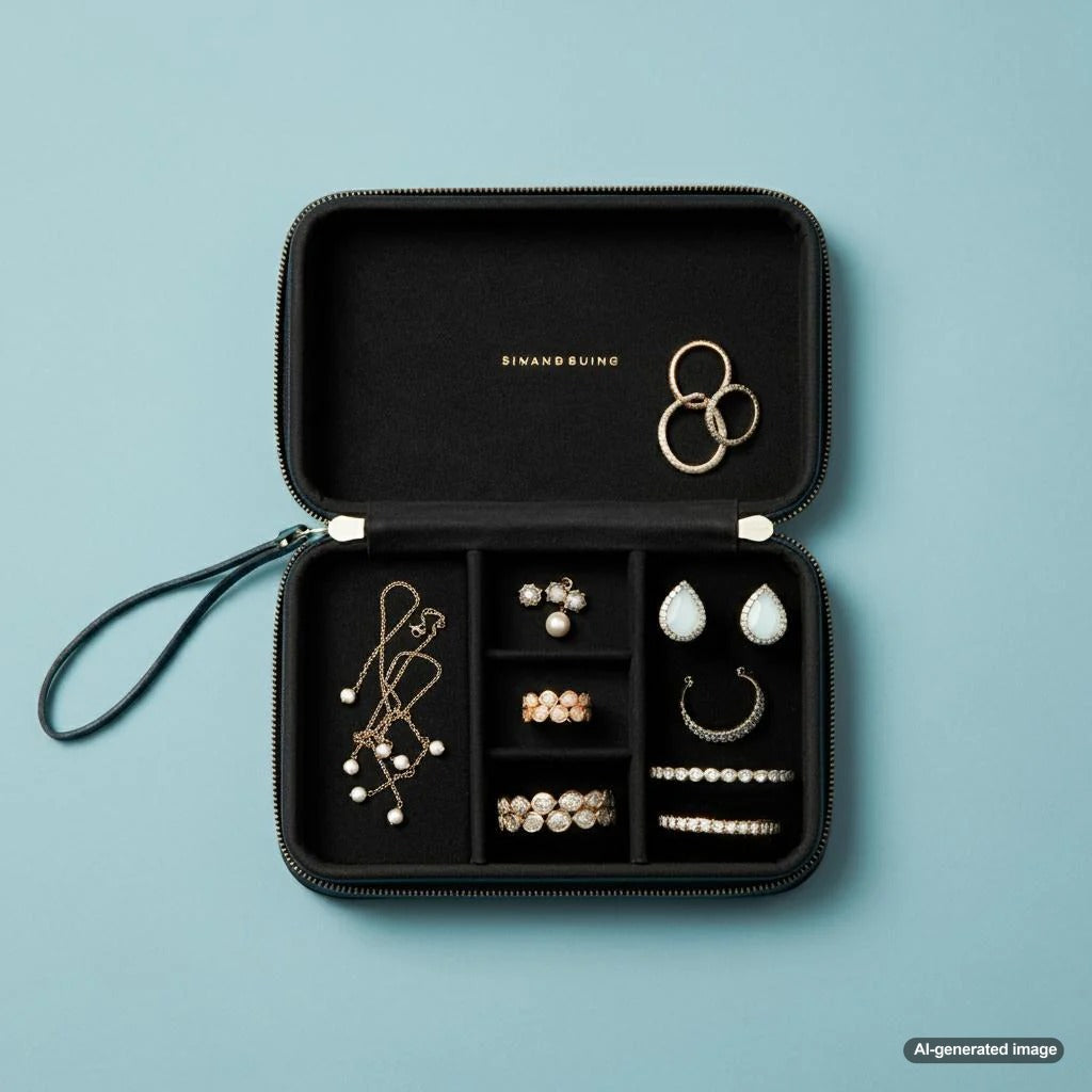 A neatly organized travel jewelry case with various pieces of jewelry