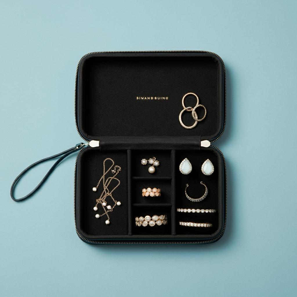 A neatly organized travel jewelry case with various pieces of jewelry