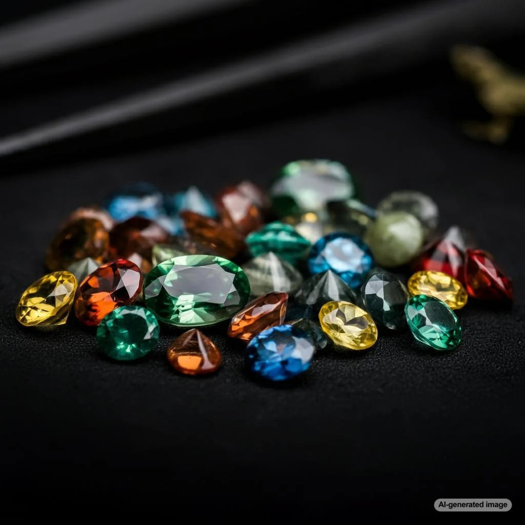 A visual comparison of gemstone carat sizes including diamond, ruby, sapphire, and opal.