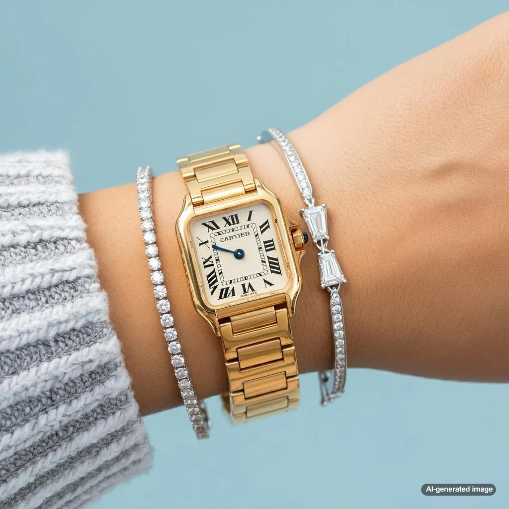 A stylish combination of a bracelet and watch worn together
