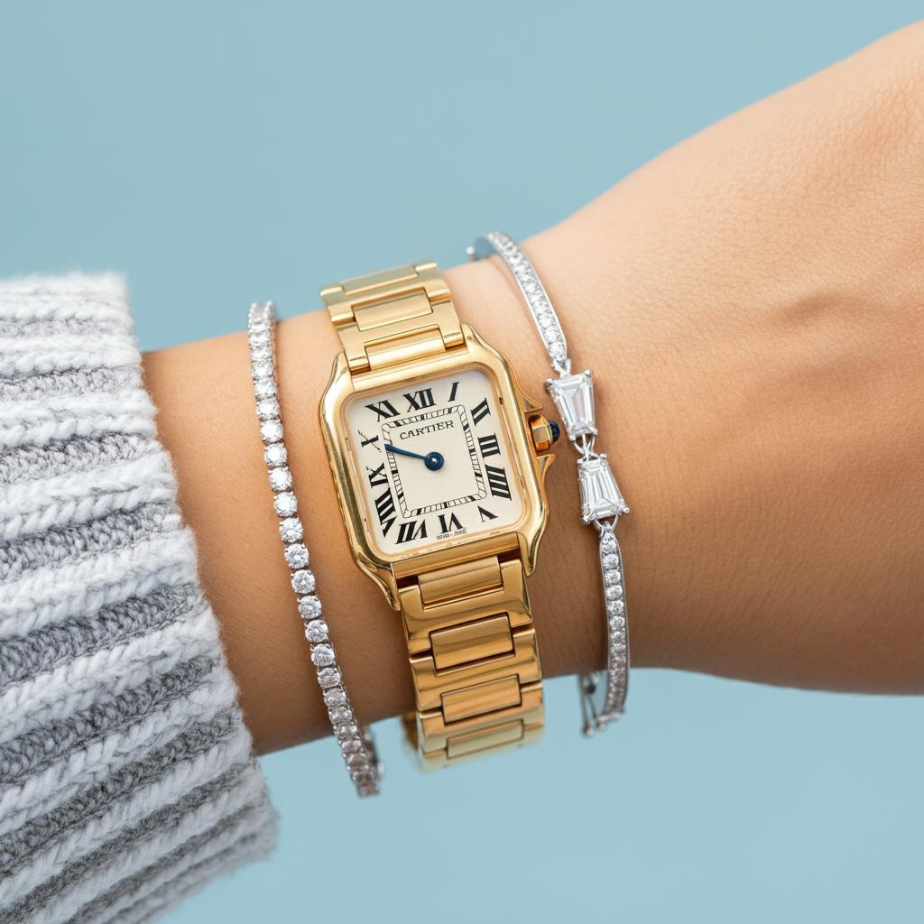 A stylish combination of a bracelet and watch worn together