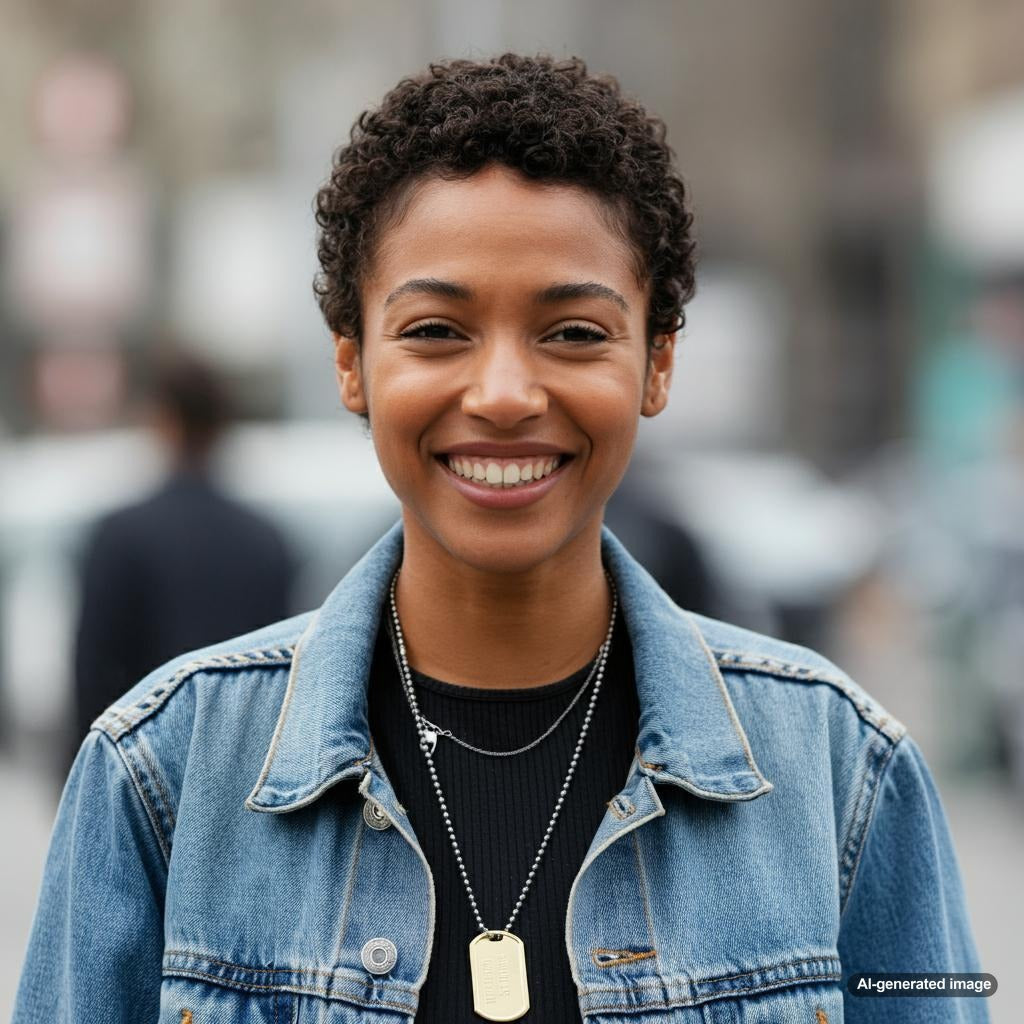 Woman wearing a stylish dog tag necklace, adding a bold statement to her look