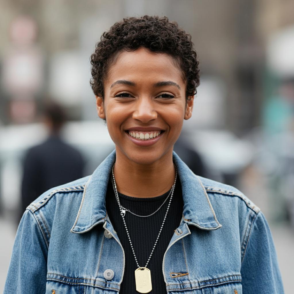 Woman wearing a stylish dog tag necklace, adding a bold statement to her look