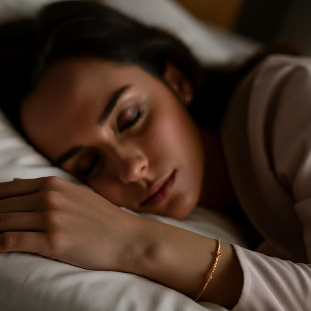 Gold bracelet resting on a bedside table