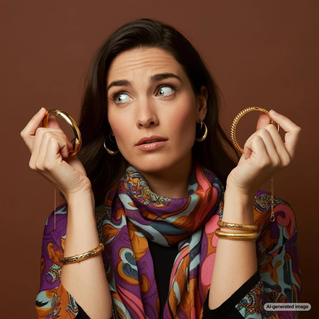 Woman wearing a gold bracelet on her wrist