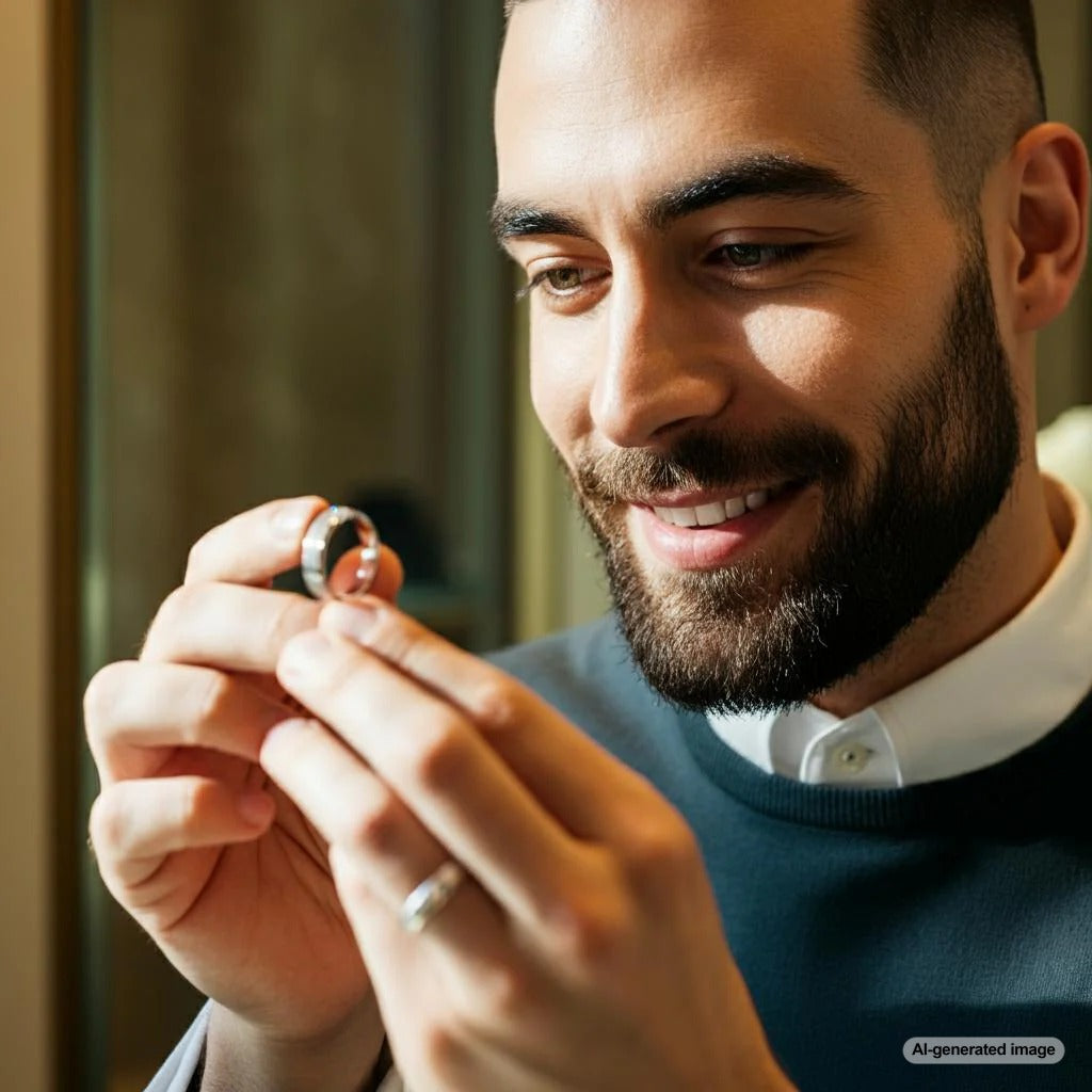 A selection of men's rings made from gold, platinum, titanium, and cobalt.