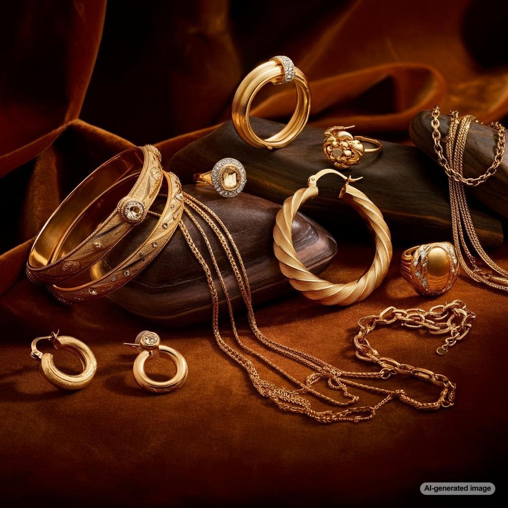 A collection of elegant gold jewelry pieces showcasing timeless designs.
